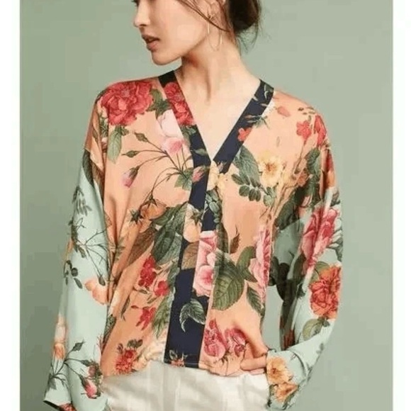 Farm Rio Anthropologie Floral Viscose Kimono Style Blouse Small - Picture 2 of 12
